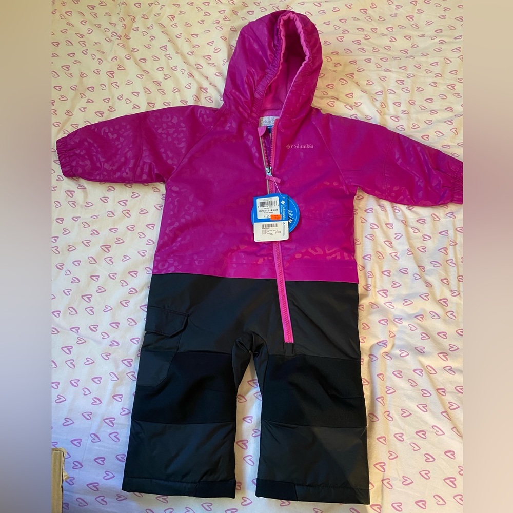 Columbia “Little Dude” snow suit/infant/bright plum/cheetah print
